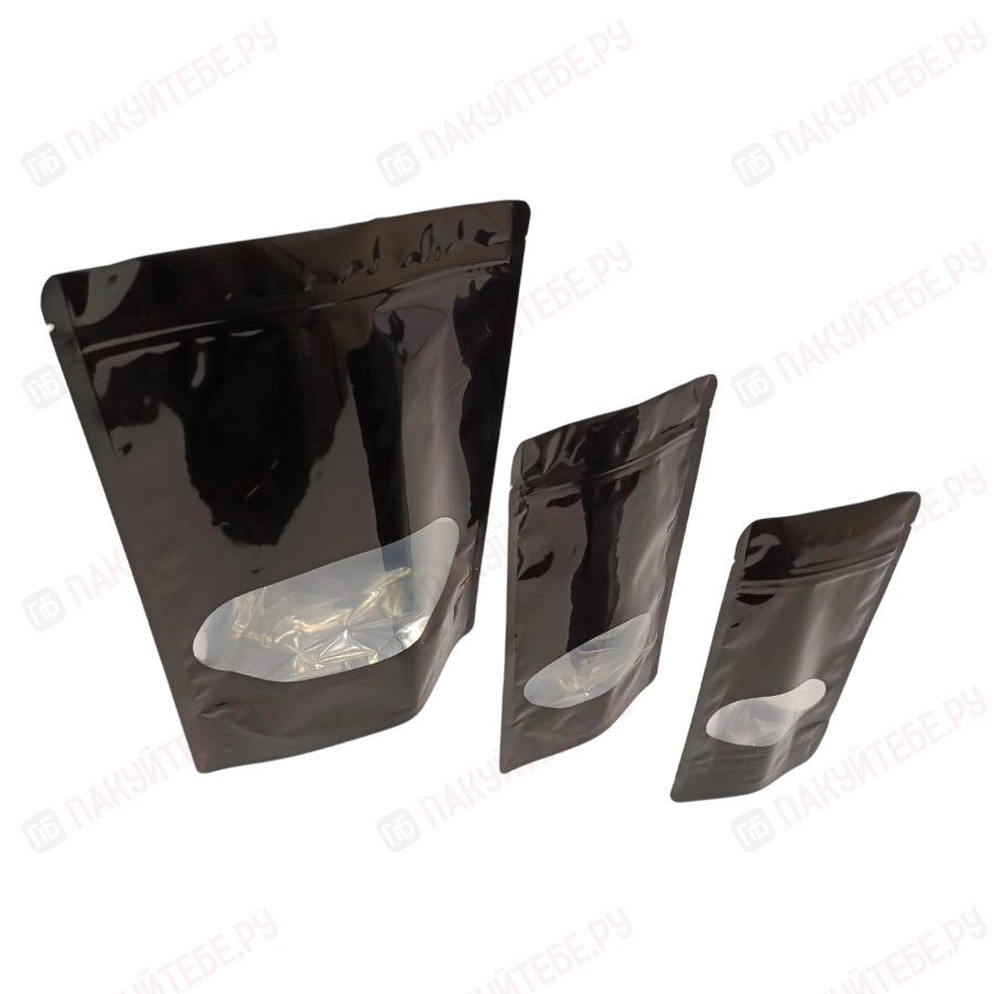 Пакет Дой-пак 135х225мм (40+40мм), черный с овальным окном, металлизир. внутри, с замком zip-lock
