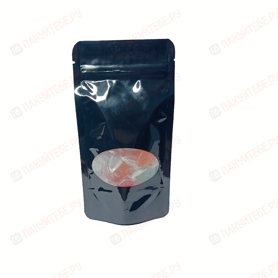 Пакет Дой-пак 105х190мм (35+35мм), черный с овальным окном, металлизир. внутри, с замком zip-lock