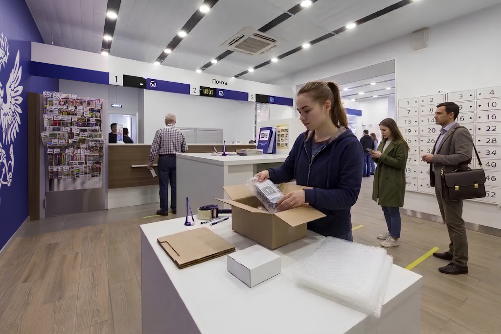 Девушка упаковывает посылку в отделении Почты России