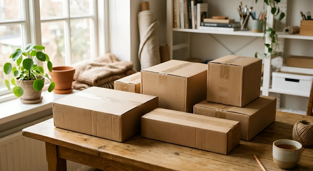 Коробки разных размеров на деревянном столе